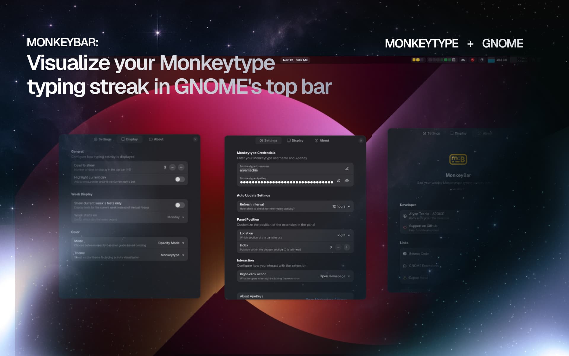 MonkeyBar extension main interface showing customizable typing activity display with multiple themes